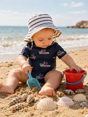 Firsts by Petit Lem Navy Tugboat One-Piece Rash Guard Swimsuit 6–12M UPF Beach